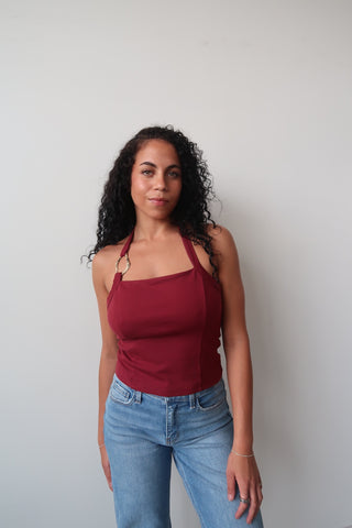 Burgundy Halter Neck Tank With Gold Ring