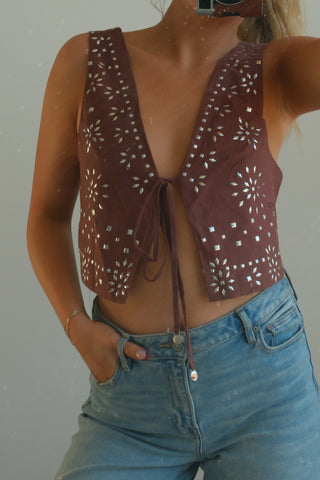 Brown Embellished Front-Tie Vest