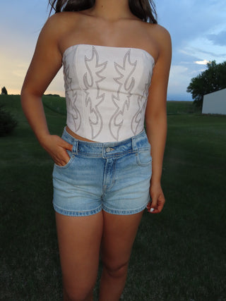 Cream Western Faux Leather Embroidered Corset Top