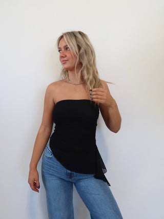 Black Strapless Asymmetrical Mesh Top