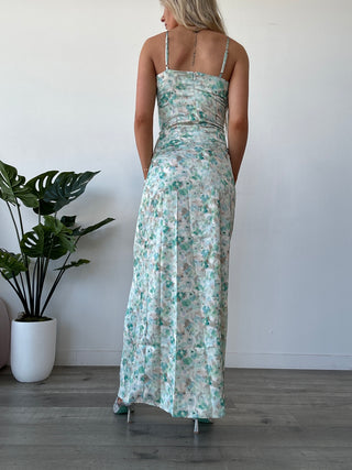 Sage Watercolor Floral Satin Maxi Dress