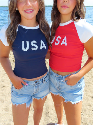 Cap Sleeve ‘USA’ Baby Tee - Navy/White