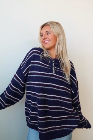 Midnight Blue Striped Knit Sweater With Collar
