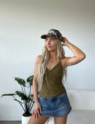 Olive Flocked Mesh Textured Halter Cami Top