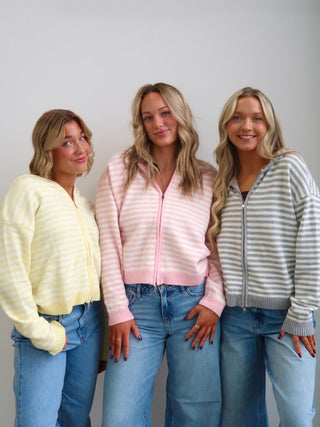 Sunday Zip Stripe Sweater - Pink & White
