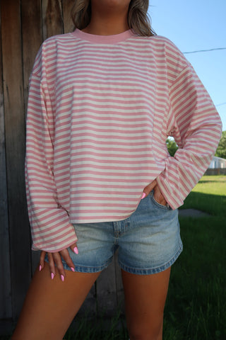 Oversized Pink Striped Basic Top