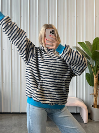 Cozy Navy Striped Hoodie With Blue Cuff