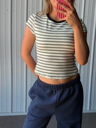 Cream & Navy Striped Short Sleeve