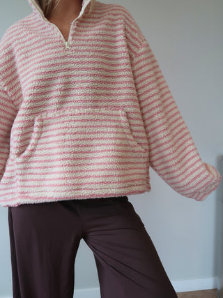 Pink & Cream Striped Quarter Zip Sherpa Pullover