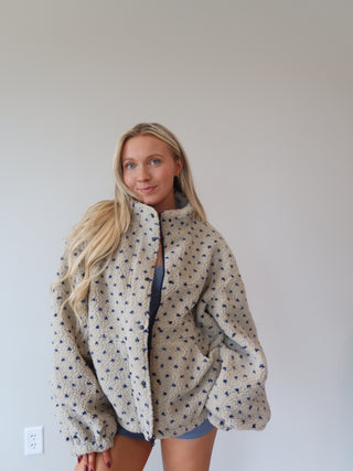 Polka Dot Sherpa Jacket - Taupe/Blue