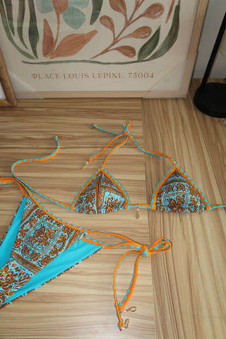 Blue & Orange Mosaic With Shell Charm Triangle Bikini Top