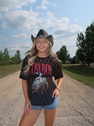 Black Cowboy Rodeo Western Mesh T-Shirt