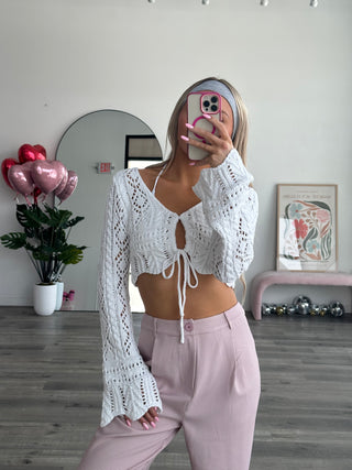 Crochet Cropped Front Tie Long Sleeve