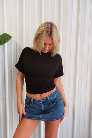 Ruched Black Boat Neck Short Sleeve Top