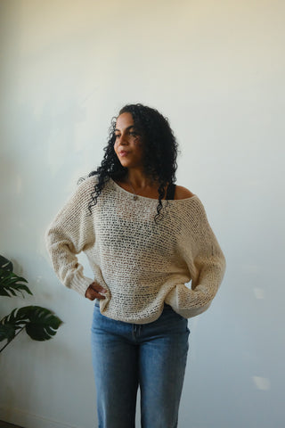 Tan Open Knit Off The Shoulder Sweater
