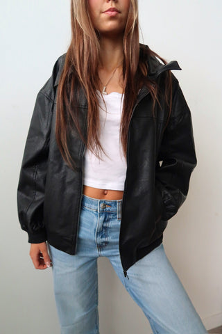Black Faux Leather Bomber Jacket