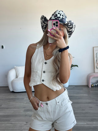 Hidden Cropped Cream Denim Fitted Vest