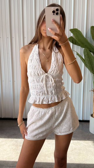 Ivory Ruched V-Neck Halter Top
