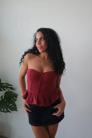 Burgundy Strapless Denim Corset Top