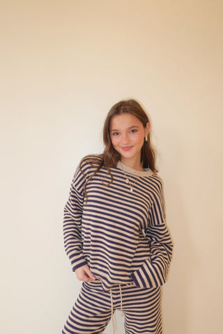 Navy & Taupe Stripe Crew Neck