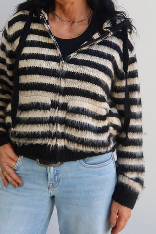 Black/Ivory Striped Fuzzy Zip Up