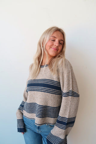 Taupe Round Neck Sweater With Navy Stripe