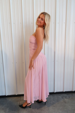 Beverly Ruched Strapless Chiffon Maxi Dress