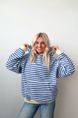 Cozy Royal Blue Striped Hoodie With Yellow Cuff