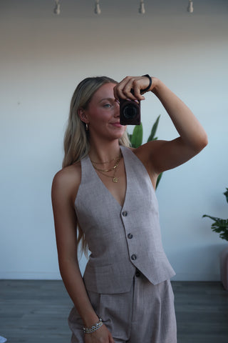Light Mocha Woven Halter Vest With Low Tie Back