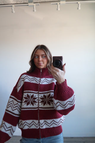 Burgundy Snowflake Zip-Up Sweater