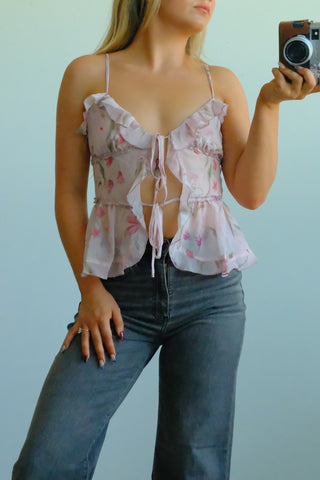 Front Tie Floral Ruffle Tank