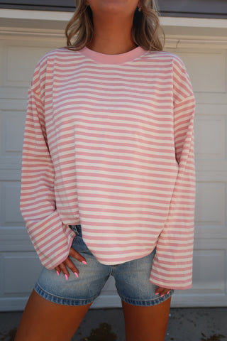 Oversized Pink Striped Basic Top