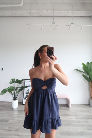 Navy Strapless Dress With Open Back