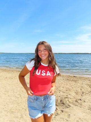 Cap Sleeve ‘USA’ Baby Tee - Red/White