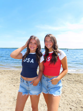 Cap Sleeve ‘USA’ Baby Tee - Navy/White