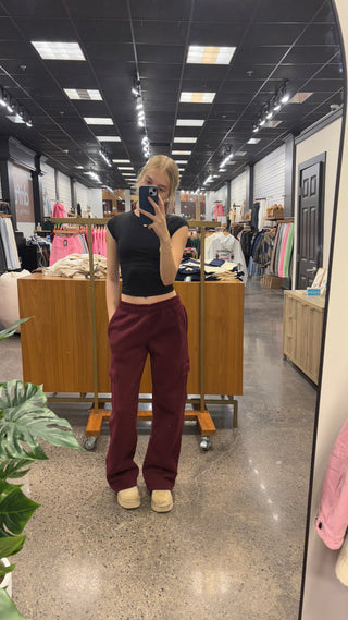 Long Black Cherry Staple Cargo Wide Leg Sweatpants