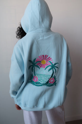 Icy Blue Hibiscus Flower Beach Babe Embroider Hoodie