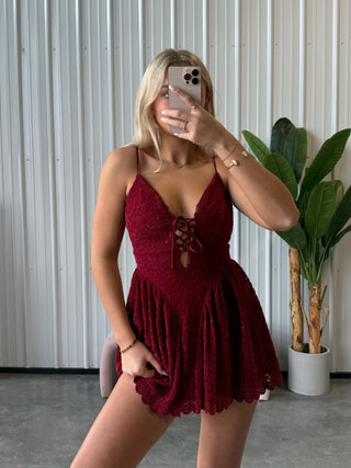 Burgundy Textured Lace Corset Mini Dress