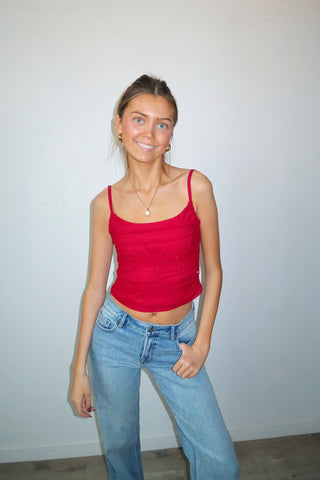 Red Rhinestone Mesh Cami Top