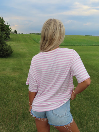 Pink Round Neck Oversized Stripe Tee Shirt