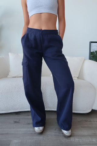 Long Navy Staple Cargo Wide Leg Sweatpants