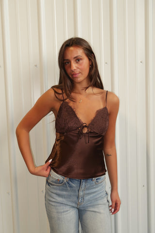 Brown Satin Lace Trim Front-Tie Cami Top