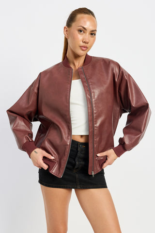 Vintage Faux Leather Bomber Jacket