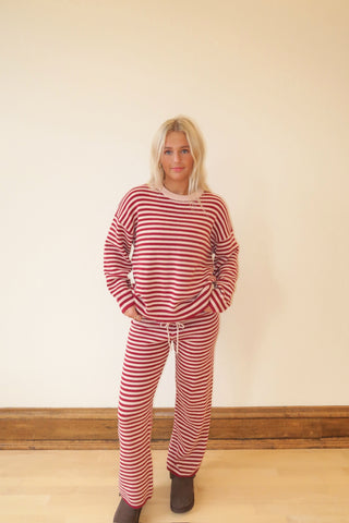 Burgundy & Pink Stripe Crew Neck Sweater