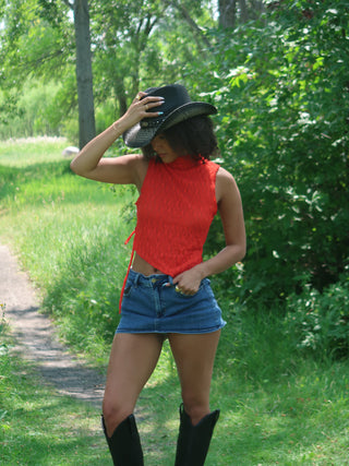 Red Mesh Asymmetrical Top