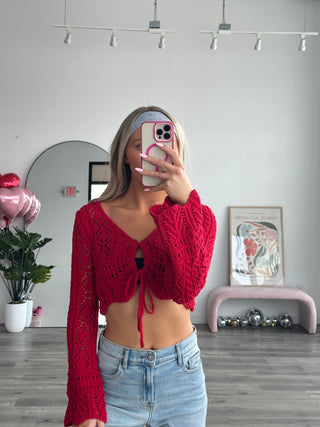 Crochet Cropped Front Tie Long Sleeve