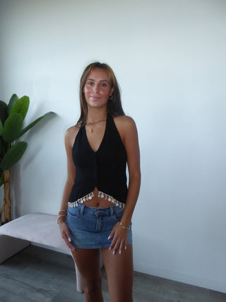 Black Tailored Tie Open Back Halter Embellished Vest