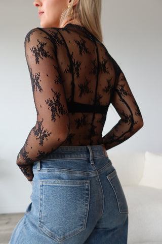 Black Sheer Lace Mock Neck Long Sleeve