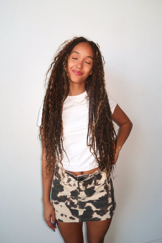 Taupe And Brown Denim Cow Print Micro Skort With Belt