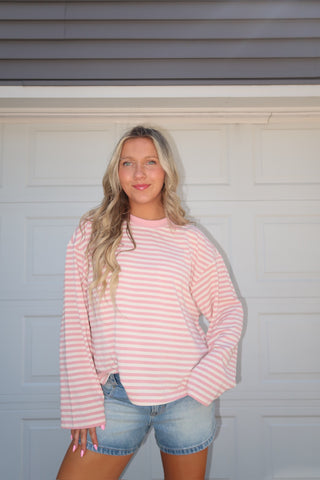 Oversized Pink Striped Basic Top